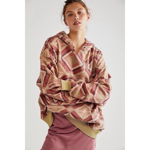 Free People Geometric Patterned Hoodie - Pink and Tan - Picture 1 of 10